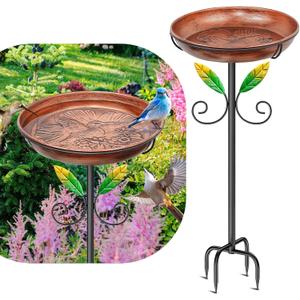 Metal Bird Bath for Outside Feeder Bowl, 38.8 Detachable Birdbath & Birdfeeder with Hummingbird Flower Reliefs, Vintage Birds Baths for Outdoors Garden Yard Lawn Decor (Bird Retro Brown)