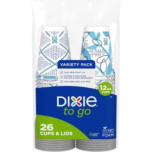 Dixie To Go Paper Coffee Cups With Lids, 12 oz, 26 ct, Disposable Insulated Paper Cups for On-The-Go Hot or Cold Beverages