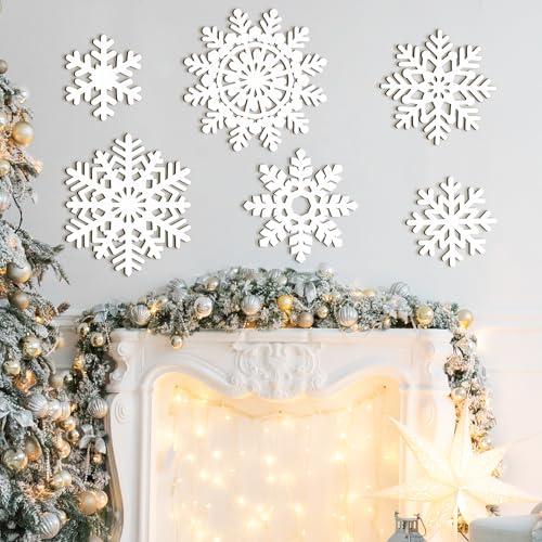 Wooden Large Snowflake Ornaments Sign Christmas Decorations 6 Pack, Wood Hollow White Snowflakes Crafts Winter Hanging Plaques Decorations 6 Size of Cutouts New Year Wall Bedroom Living Room Decor