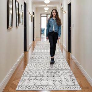 Washable 4x12 Rug for Hallway - Extra Long Runner Rug Moroccan Non Slip Pets Friendly Runner Low Pile Soft Indoor Floor Mat Front Door for Kitchen Bedroom Entryway Laundry 4x12 Geo Grey