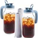 Mason Jar Pitcher With Stainless Steel Filter 64 OZ 2 Pack Wide Mouth Cold Brew Coffee Maker 2 Quart Glass water pitcher with lid Half Gallon Cold hot Tea maker For Lemonade Milk Juice Refrigerator