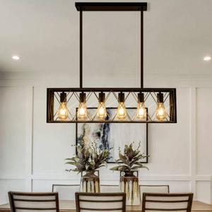 Kitchen Island Pendant Lighting 6-Light Black Metal Industrial Bar Chandelier Fixtures Vintage Hanging Farmhouse Rectangle Linear Chandelier for Dining Room