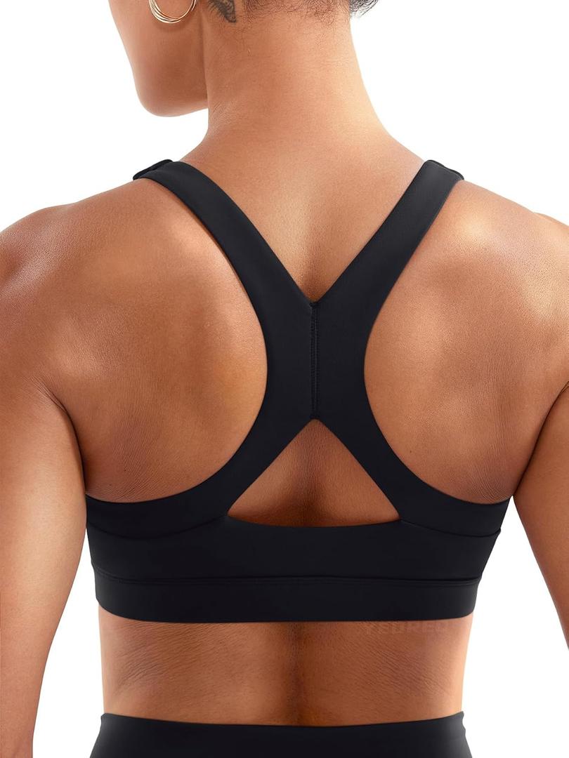 YEOREO Sports Bras for Women Medium Support Racerback Padded Running Bra Tracii Square Neck Wireless Workout Gym Crop Top (Large, Black)