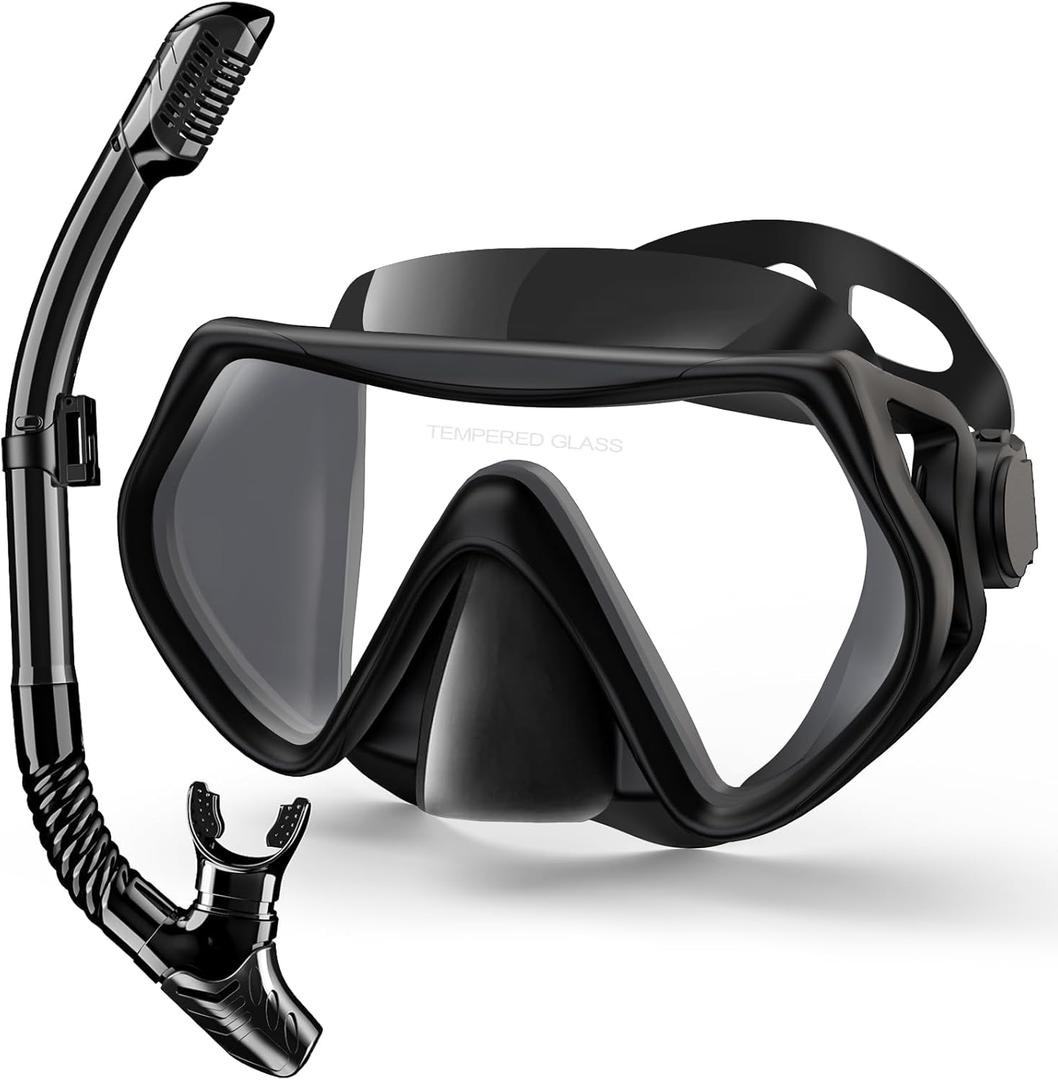 Snorkeling Gear for Adults, Dry-Top Snorkel Set Scuba Diving mask, 180Panoramic Wide View Professional Snorkeling Gear Breathing Freely Snorkel Mask (Black)