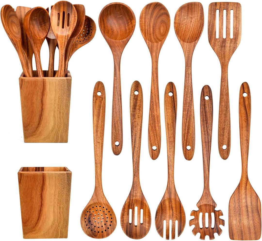 Gudamaye 13 inch Long Wooden Spoons for Cooking, 9 PCS Natural Teak Wooden Kitchen Utensil Set with Utensils Holder Made of Australia Camphor Laurel WoodWooden Utensils for Cooking