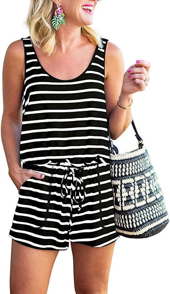 RAISEVERN Womens Rompers Summer Short Jumpsuits Casual Scoop Neck Sleeveless Romper with Pockets (Medium, Black-02)