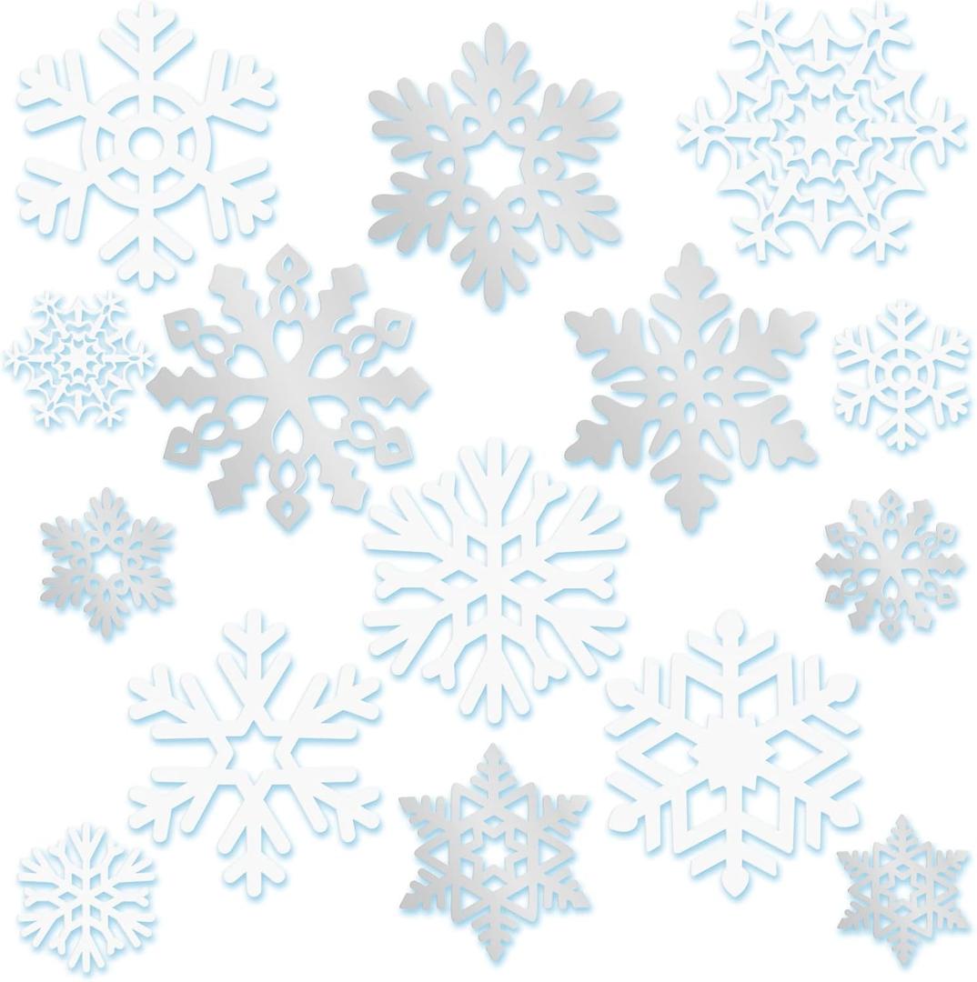 90 Pcs Snowflake Cutouts Decorations, Winter Paper Snowflake Cutouts with Glue Stickers for Bulletin Board Christmas Party Home Class Office Decor Accessories (White, Silver)