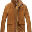 FLAVOR Men's Classic Leather Jacket Suede Winter Coat with Removable Collar (X-Large, Brown)