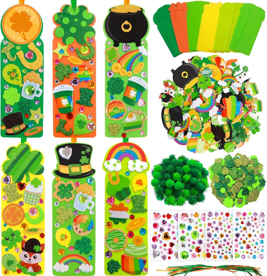 Treasure Cove St. Patrick's Day Crafts Kits Foam Shamrock Bookmark Craft DIY Bookmarks Ornaments St. Patrick's Day Decorations with Clover Foam Stickers for Irish Classroom Party Favors 24 Sets