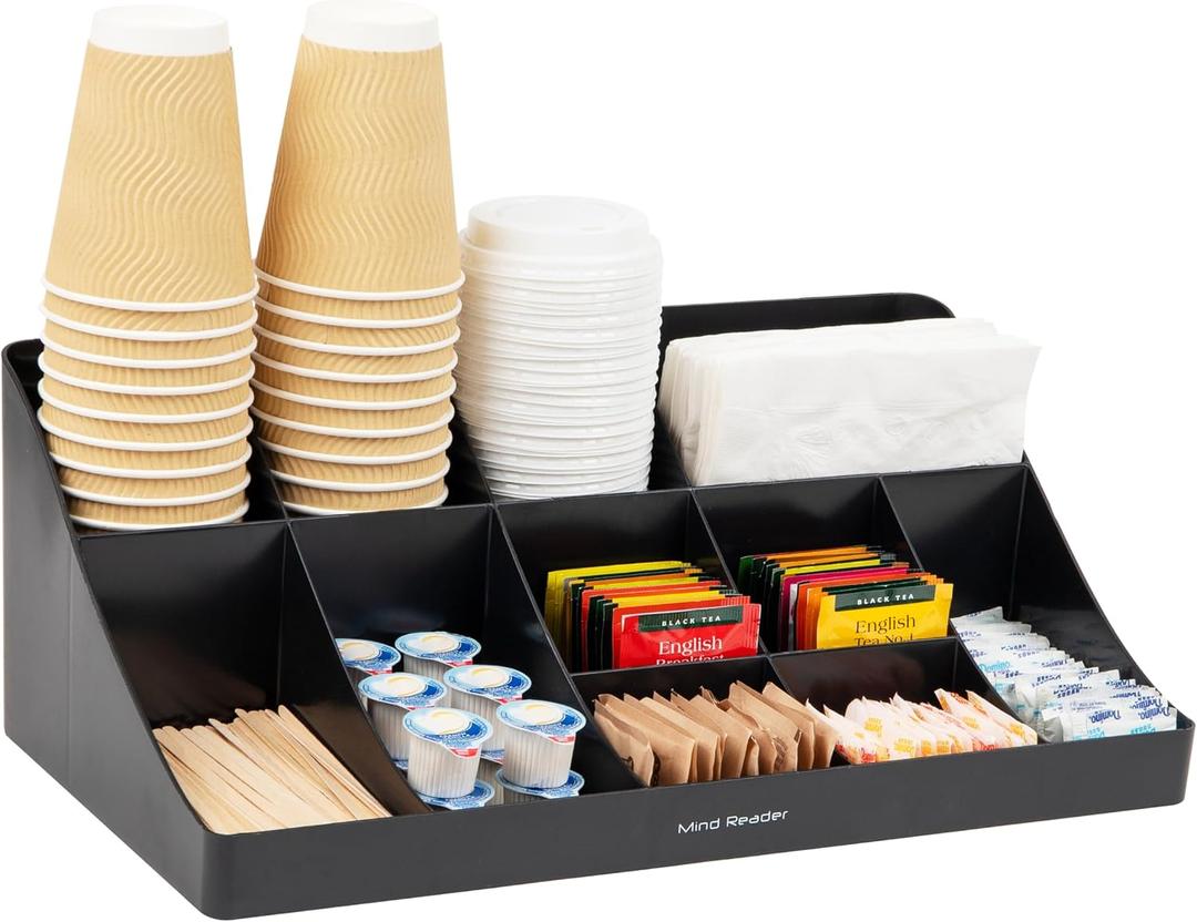 Mind Reader Cup and Condiment Station, Countertop Organizer, Coffee Bar, Kitchen, Stirrers, 17.875"L x 9.5"W x 6.625"H, Black