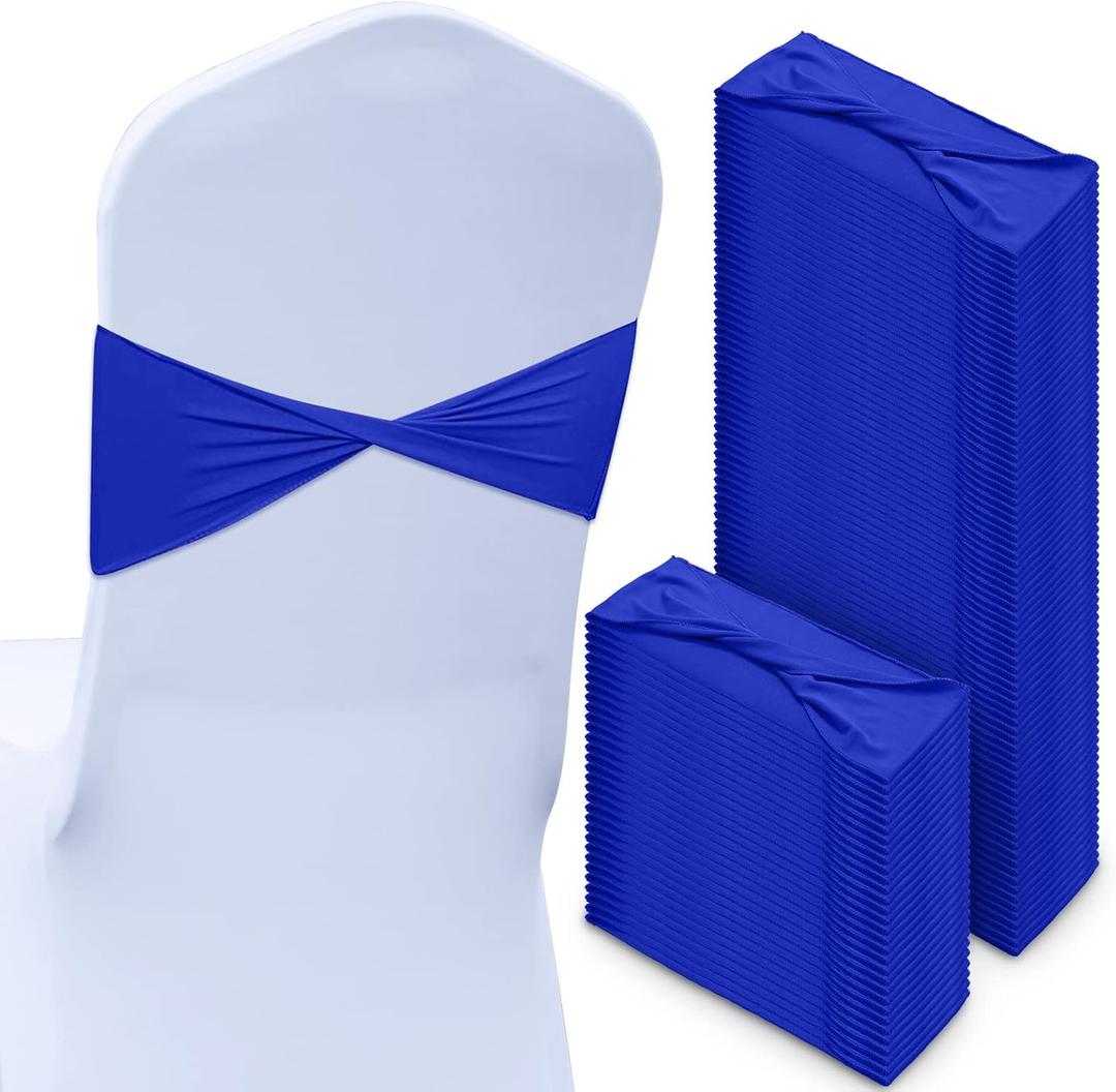 CHENGU 100 Pcs Spandex Chair Sashes Plain Bow Wedding Royal Chair Bands Without Buckle Birthday Decorations Elastic Ties Spandex Slider Sashes for Events Party Ceremony, Blue
