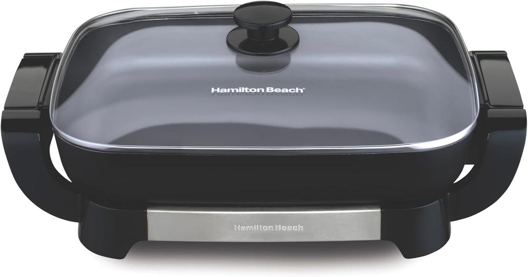 Hamilton Beach Electric Skillet with PFAS-Free Durathon Ceramic Coating, Removable 12x15 Pan, Adjustable Temperature, Reversible Design, Tempered Glass Lid, Black Nonstick Surface (38531)