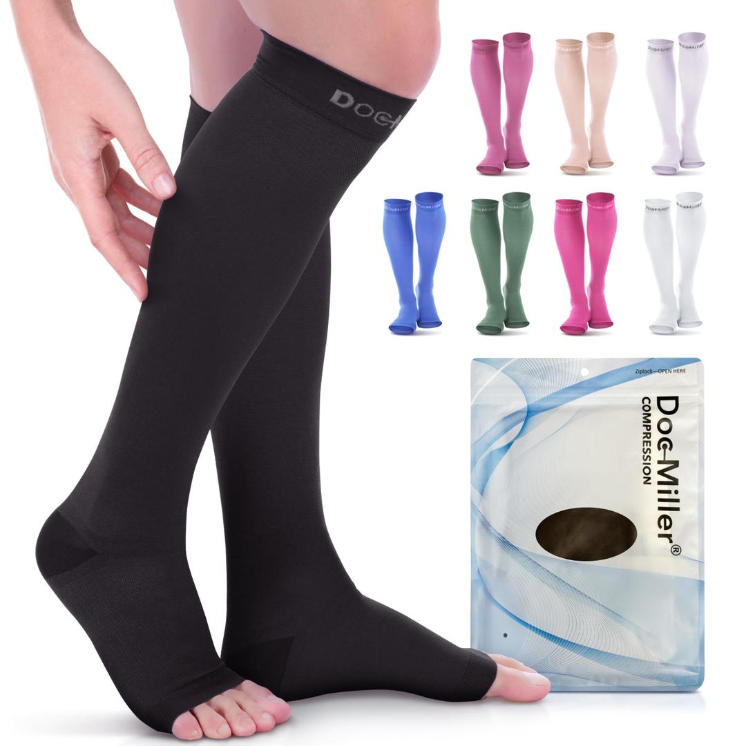 Doc Miller Open Toe Compression Socks, 20-30 mmHg, Toeless Compression Sleeves for Legs, Knee High Stockings for Shin Splints, Varicose Veins, Travel, Calf Support & Muscle Recovery, Men & Women, Pair, XXL