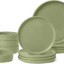 Amazon Basics Glazed Stoneware Dinnerware, 12-Piece Set, 4 Full Place Settings, Microwave and Dishwasher-Safe, Olive