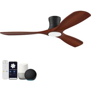 Hoenofly 52 Smart Wood Flush Mount Ceiling Fans with Lights Remote,Quiet DC Motor,Outdoor Indoor Low Profile Ceiling Fan,Voice WIFI Alexa App Control,Dimmable,6-speed,for Modern Bedroom Patio