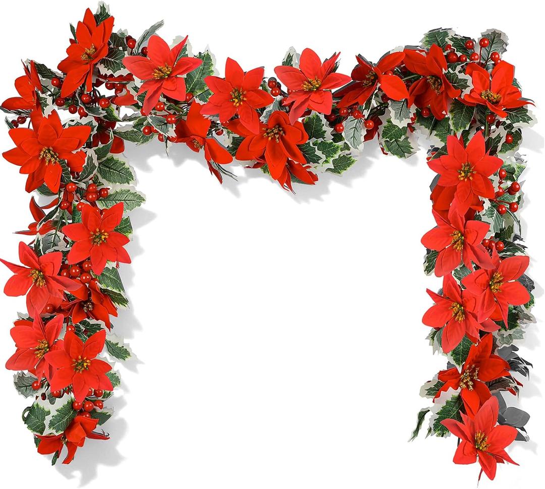 IWNTWY Christmas Garland, Artificial Red Flowers with Berries and Holly Leaves Garland for Indoor Outdoor Christmas New Year Home Tables Centerpieces Decorations