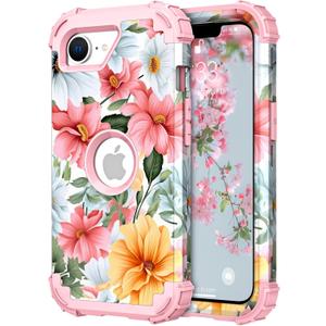 PIXIU Unique Flower Pattern Compatible with iPhone 17e/16e 6.1 inch case,Heavy Duty Dual Layer Shockproof Full-Body Protective Sturdy Hybrid Cute Rugged Case for Women,Girls,Kids Pink Flower
