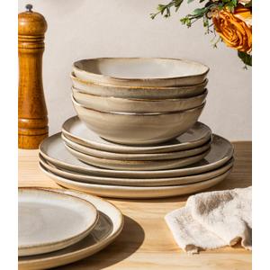 GBHOME Stoneware Dinnerware Sets for 4, 12 Pieces Rustic Earthenware Plates and Bowls Set, Handmade Reactive Glaze Ceramic Plate Sets, Chip Resistant Dishes, Microwave & Dishwasher Safe, Oatmeal Linen