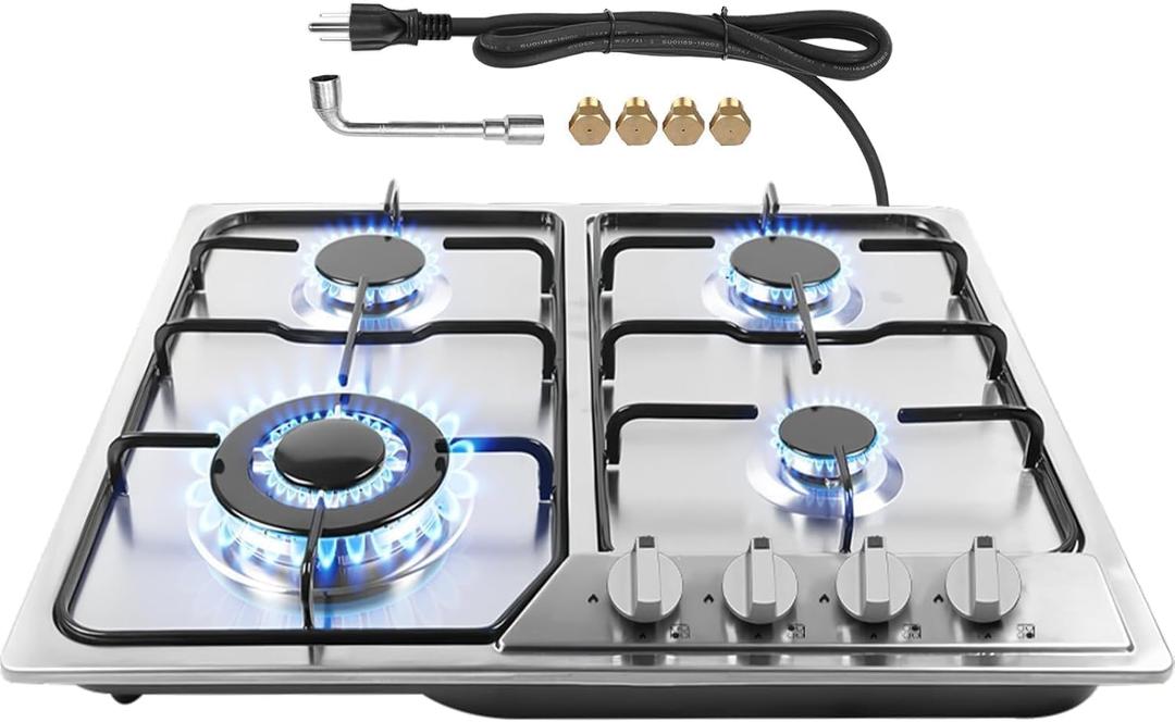 Gas Stove 24 inch, Propane Gas Cooktop Gas Stove 4 Burners for RVs, Motor Homes, NG LPG Convertible Gas Hob (Silver - 4 Burner)