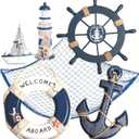 Wooden Nautical Lighthouse Anchor Wall Hanging Ornament, Beach Wooden Boat Ship Steering Wheel Wall Decor, Nautical Sailing Ship Nautical Ship Wheel, Anchor Decor, Mediterranean Style Fishing Nets