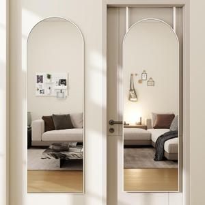 Arched Full Length Door Mirror 14x48, Metal Frame with Protective Film, No-Drilling Hanging or Wall Mount, Hooks & Hardware Included, Full Body Mirror for Bedroom, Dorm, White