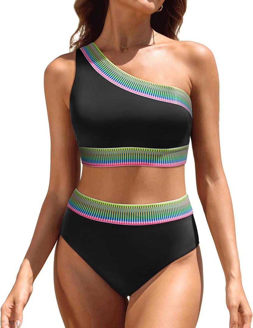 Women High Waisted Bikini Set - One Shoulder Two Piece Swimsuits Color Block Bathing Suits with Swimwear Bottom (X-Large, Black)