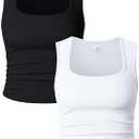 OQQ Womens 1 Piece Crop Tops Rueched Sleeveless Square Neck Stretch Basic Tank Shirts, S