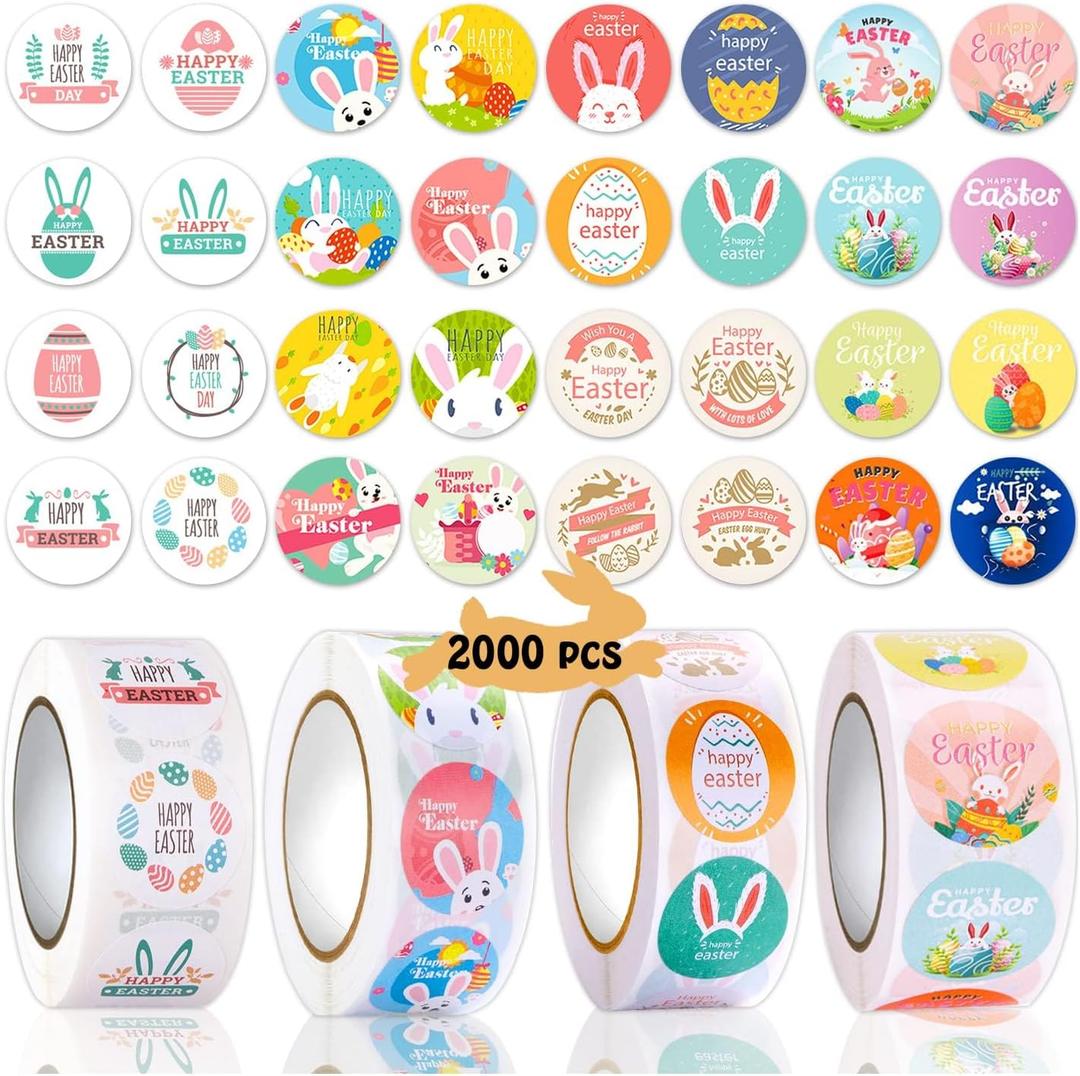 Partywind 2000 PCS Easter Stickers for Kids, Happy Easter Stickers Bulk with Rabbit/Eggs/Chick for Spring Party Decorations Supplies, Easter Basket Goodie Bag Stuffers for Children (4 Rolls)