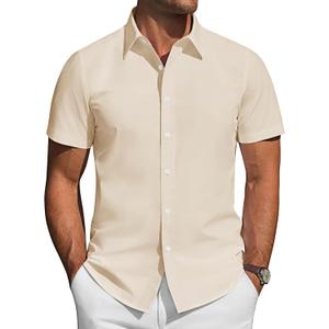 J.VER Mens Short Sleeve Button Down Shirt Stretch Business Casual Dress Shirts Solid Summer Wedding Prom Tops (X-Large, Cream Ivory)