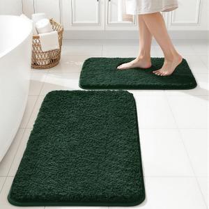 MIULEE Dark Green Bathroom Rugs Set 2 Piece, Soft Absorbent Microfiber Bath Mat Set, Non Slip Quick Dry Machine Washable Plush Shaggy Bath Rugs for Bathroom Floor, Tub and Shower, 20"x30"+16"x24"