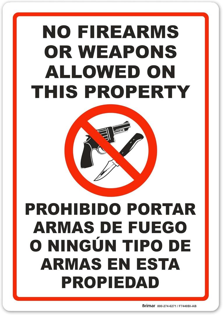 Brimar - 7" x 10" - Bilingual No Firearms or Weapons Sign - 3.5 Mil InfiniStick Vinyl Label - Easy Installation - Versatile Application