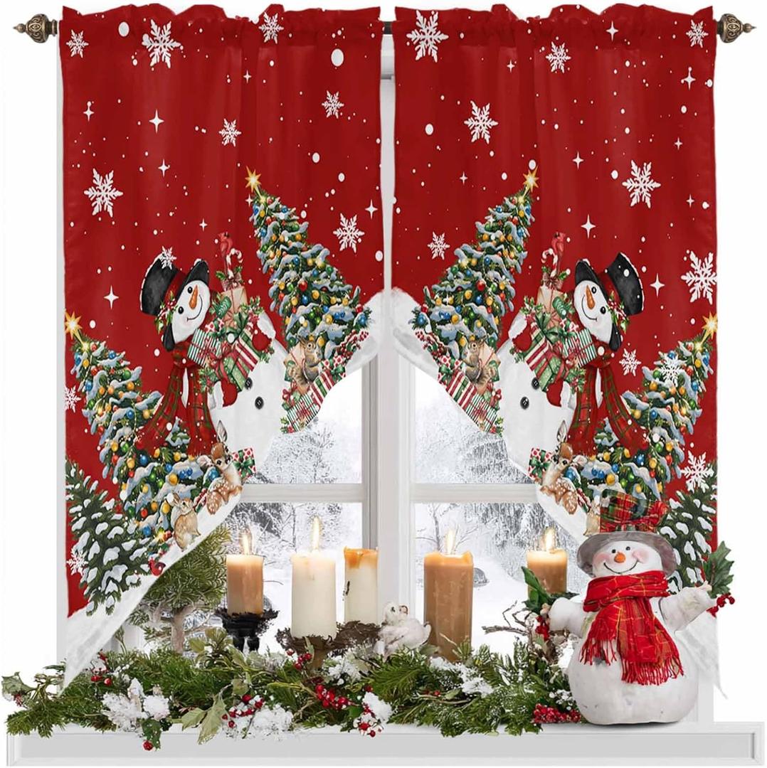 Merry Christmas Swag Valance Curtain,Snowman Xmas Tree Swag Curtains Rod Pocket Valances for Windows,Snowflake on Red Swag Topper Kitchen Valance for Bedroom/Living Room/Bathroom (28"W x 36"L (Pack of 2))