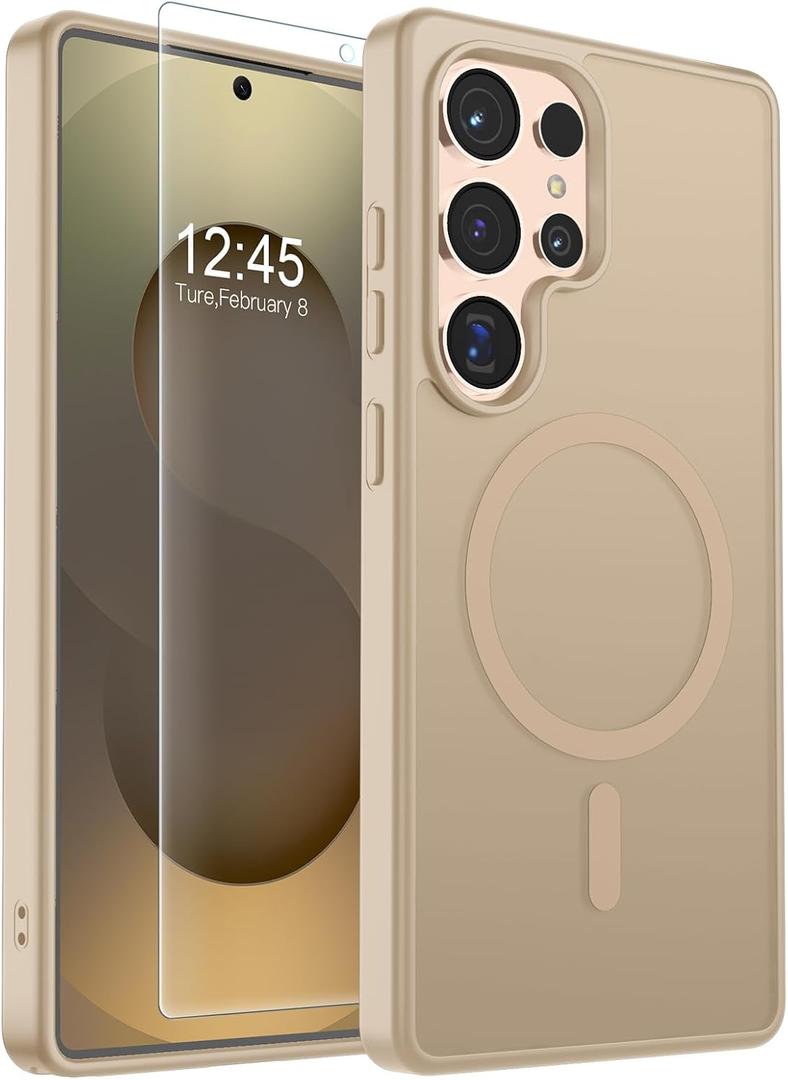 SUPFINE Magnetic for Samsung Galaxy S25 Ultra Case with Screen Protector, (Compatible with MagSafe) (Military Grade Drop Protection) Slim Translucent Shockproof Phone Case,Pink Gold