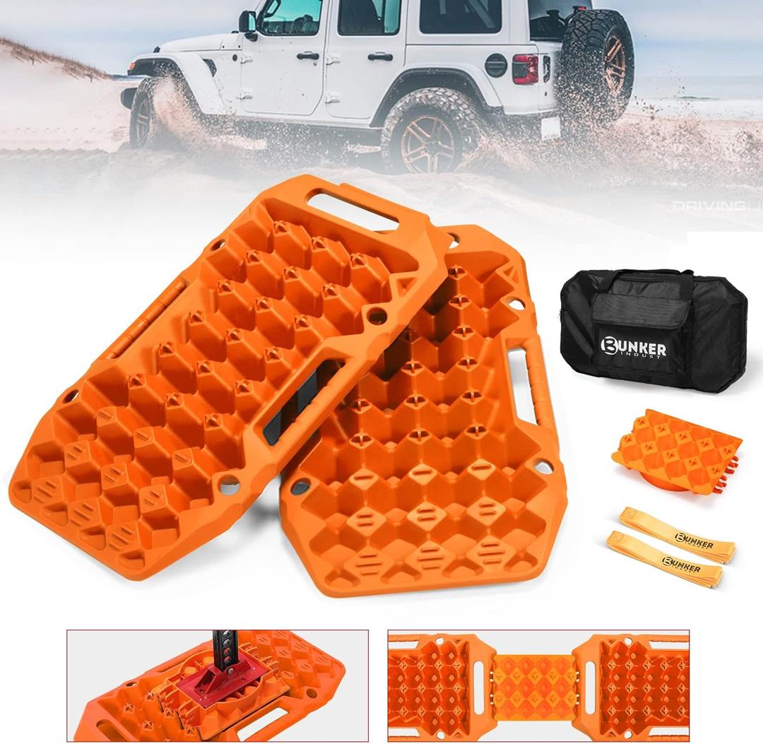 BUNKER INDUST Offroad Traction Boards with Jack Base,Multifunctional Extendable Recovery Track Tire Traction Mat Snow Mud Sand Ramp-4X4 ATV UTV SUV Truck Traction Pads with Bag, Orange (Gen 8)