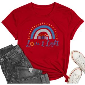 Hanukkah Menorah Shirt for Women Jewish Tee Shirt Love and Light Hanukkah T-Shirt Jewish Celebration Tops (XX-Large, Red)