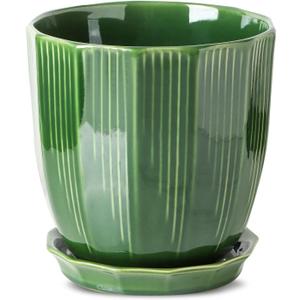 ADN Ceramic Planter - Large Plant Pot Geometric Design Flower Pot with Drainage Hole and Saucer for Outdoor Indoor Plants (Green, 8 in)