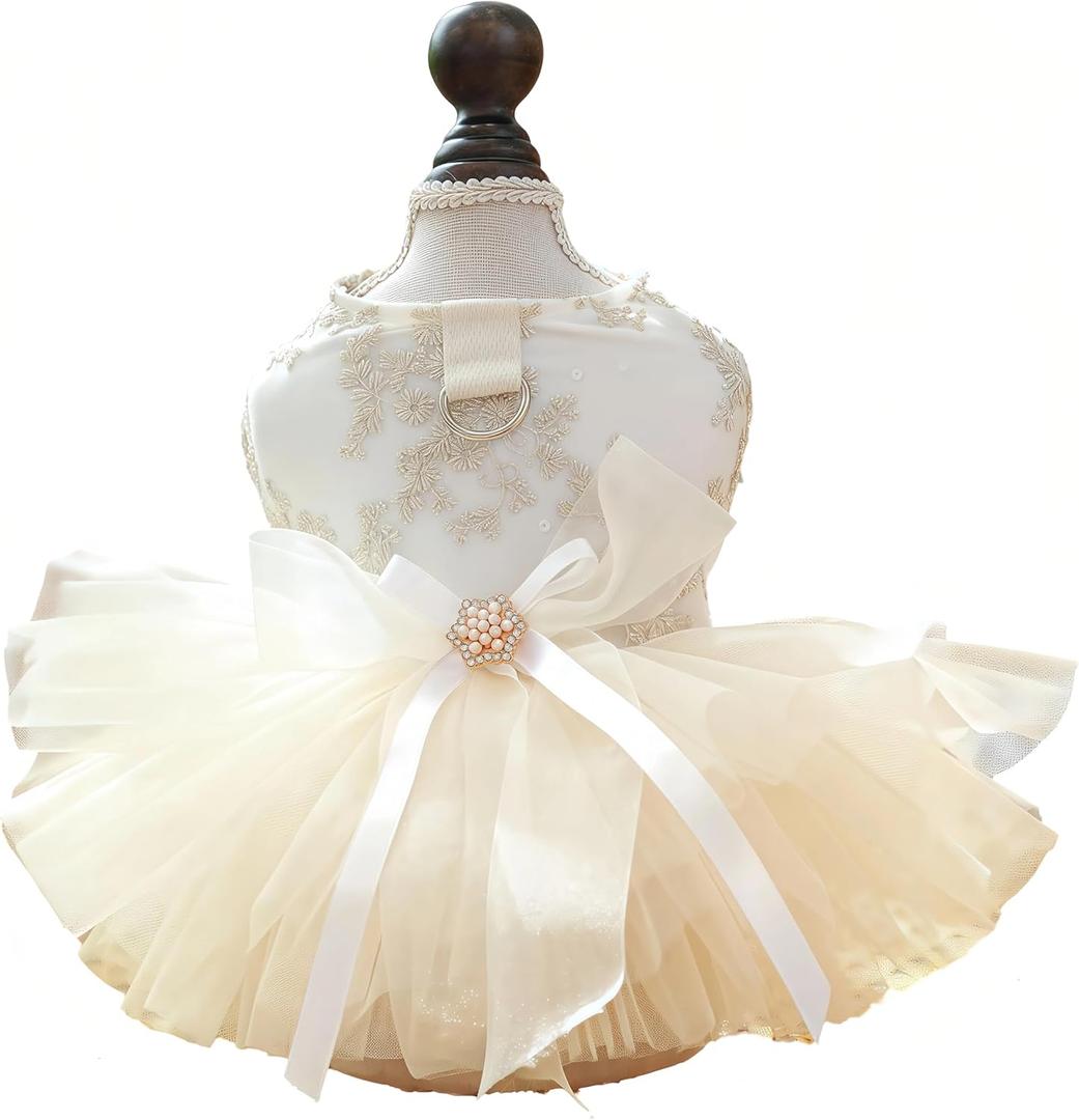 Luxury Dog Dress for Small Dogs Girl, Champagne Tulle Pet Dress with Embroidered Bowknot & D-Ring, Cat Princess Costume, Dog Wedding Dress, Puppy Formal Tutu Outfit 8.3-10lbs(Champagne,M)