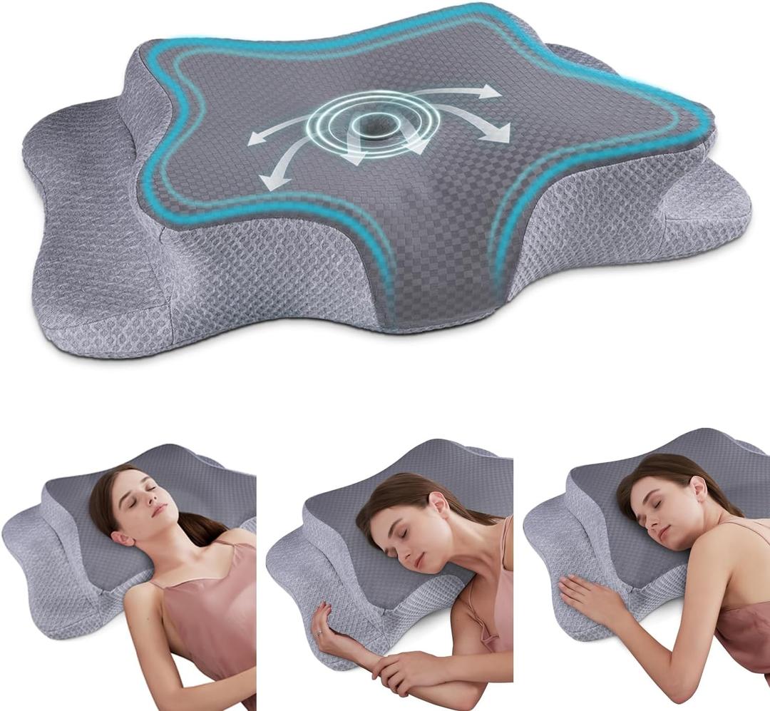 Cervical Neck Pillow for Pain Relief Sleeping, Contour Memory Foam Pillows, Ergonomic Side Sleeper Pillows for Adults, Cooling Orthopedic Neck Support Pillow for Back Stomach Sleepers (Queen Size-24.8''Lx14.96''Wx5.78''H, Dark Grey&grey)