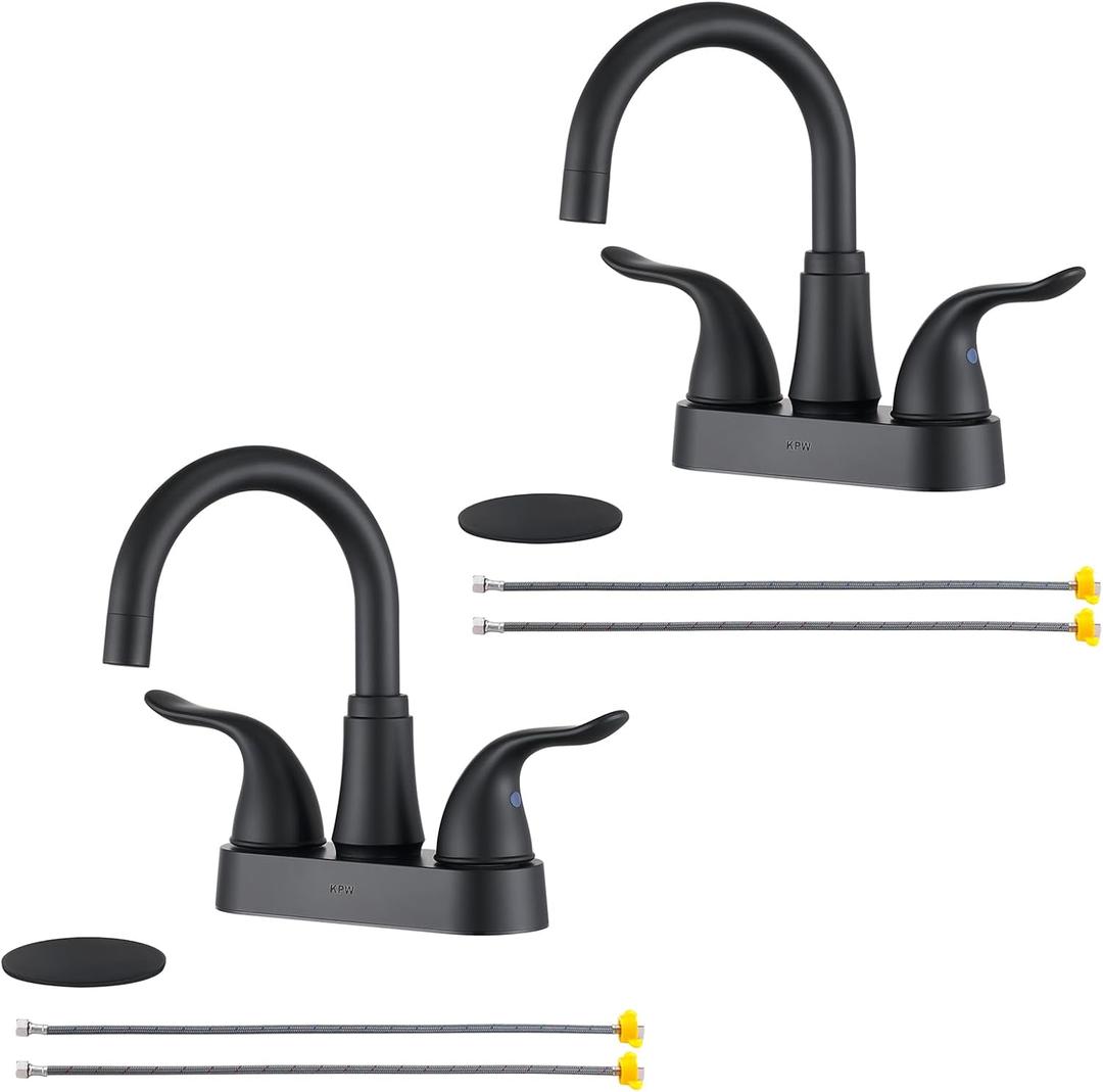 KPW Bathroom Sink Faucet 2 or 3 Hole Matte Black 4 Inch ABS Plastic Non-Metallic Lavatory Bathroom Faucet with Pop Up, 2 Pack (Two Handle)