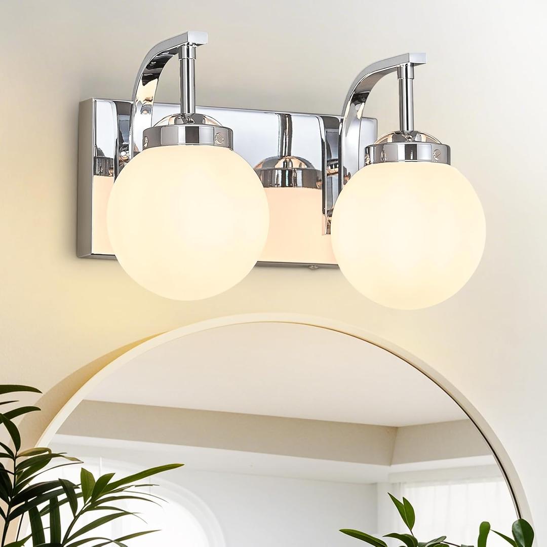 Modern 2 Lights Vanity Light Over Mirror Bathroom Vanity Light Fixtures Chrome Wall Sconce with Milk Glass Vanity Light for Bathroom Lighting