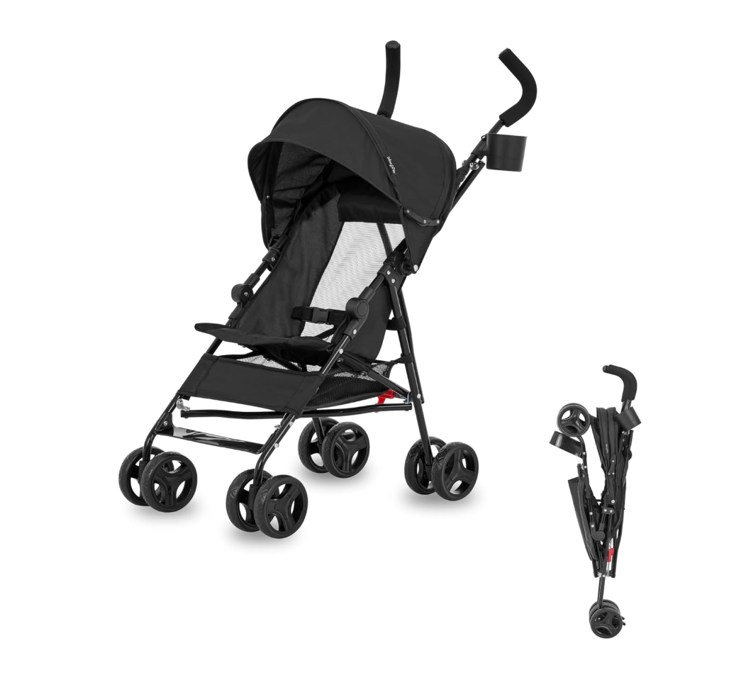 Dream On Me Rover Convenience Baby Stroller – Lightweight & Compact Travel Umbrella Stroller, Quick One-Hand Fold, Lockable Rear Wheels, Adjustable Canopy, 3-Point Safety Harness & Cup Holder - Black