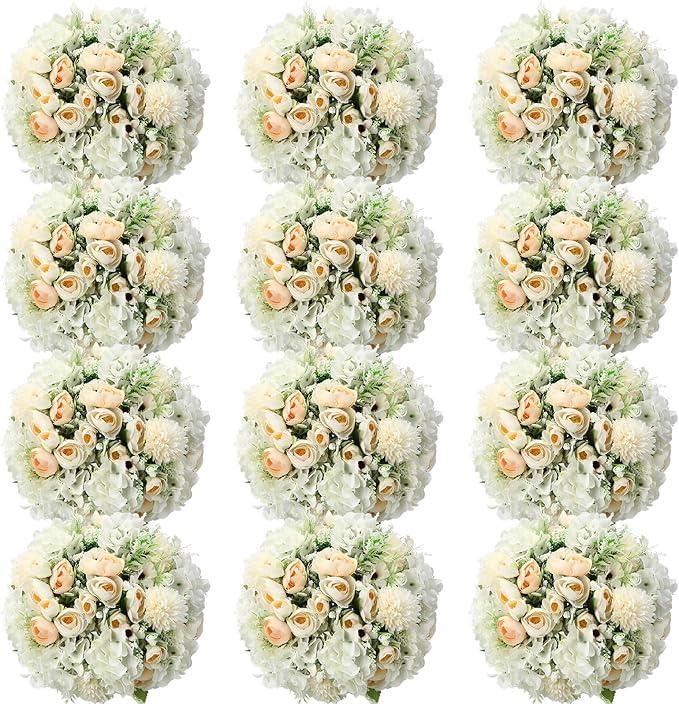 Tigeen 12 Bundles Peonies Artificial Flowers Faux Roses Silk Flowers Hydrangea Artificial Bouquet for Wedding Table Centerpiece Floral Vase Home Office Bridal Decor (Champagne)