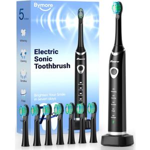 Bymore Electric Toothbrush for Adults,Travel Sonic Toothbrush with 8 Replacement Heads, Ultra Clean Rechargeable Toothbrush Portable One Charge for 330days 5 Modes 2mins Timer-Black (1 Count (Pack of 1))