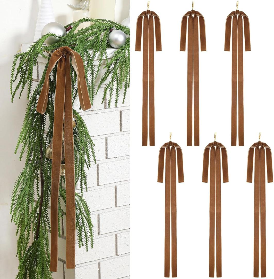 Janinka 6 Pcs Brown Long Velvet Bows Christmas Ornaments Camel Christmas Swag Neutral Bow 23.5x15.5 Inch for Xmas Tree, Fall, Wreath, Garland, Swag, Staircase, Fireplace, Door