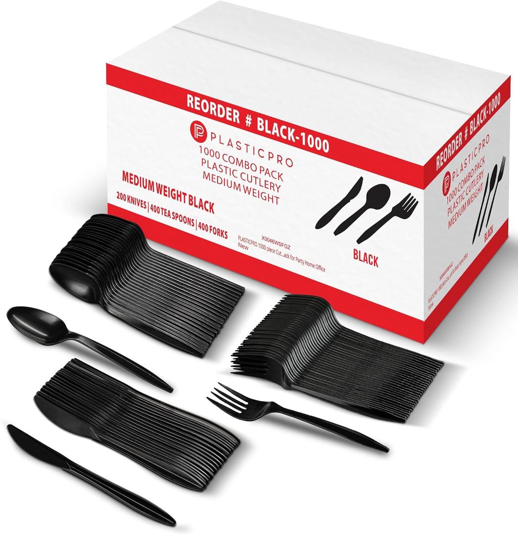 PLASTICPRO 1000 piece Cutlery Combo set of Black Plastic Forks, Spoons, and Knives Disposable Colored Cutlery Bulk Pack Variety Pack for Party Home Office
