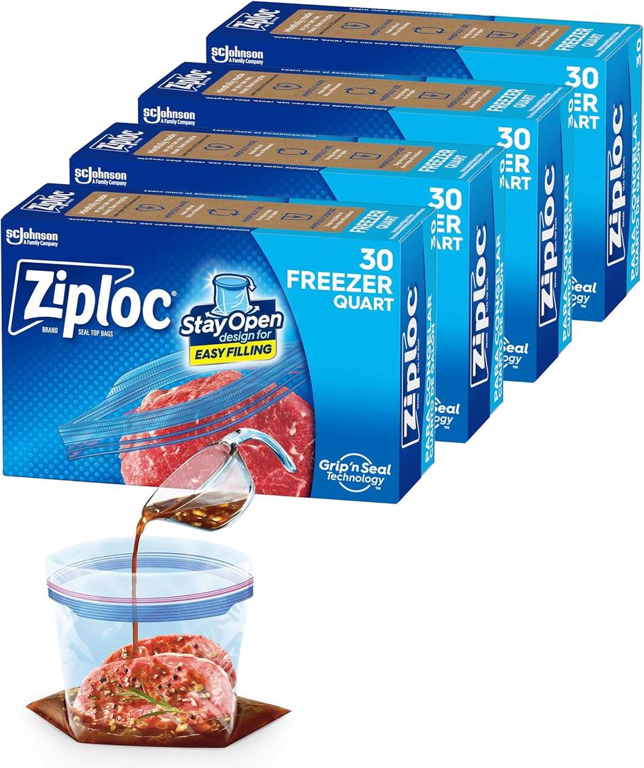 Ziploc Quart Food Storage Freezer Bags, New Stay Open Design with Stand-Up Bottom, Easy to Fill, 30 Count (Pack of 4)