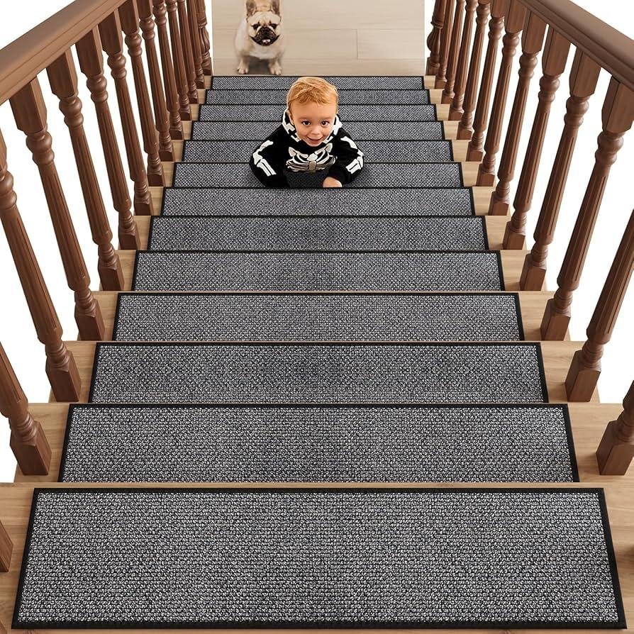 Pack of 7 8X30 Inches Non Slip Stair Treads for Wooden Steps Indoor, Machine Washable Rubber Backing Stair-Runners for Wooden Steps, Residue Free Carpet Stair Treads for Kids and Dogs (Black)