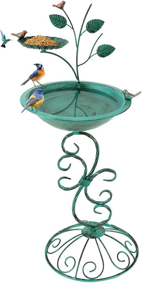 Pedestal Bird Bath for Outside, Modern Bird Bath with Tree Art Decor, 13'' Dia Metal Birdbath Bowl & Feeder for Garden, Lawn, Yard (Green)