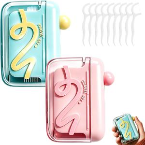 2pc Automatic Pop-up Portable Floss Dispenser with 50 Pcs Dental Floss, Refillable for Home, Restaurant, and On-the-Go Oral Care (Pink+Blue)
