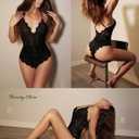 Avidlove Teddy Lingerie for Women Lace Bodysuit Snap Crotch Sexy V Neck One Piece Lingerie (Double Layers - Black, S)